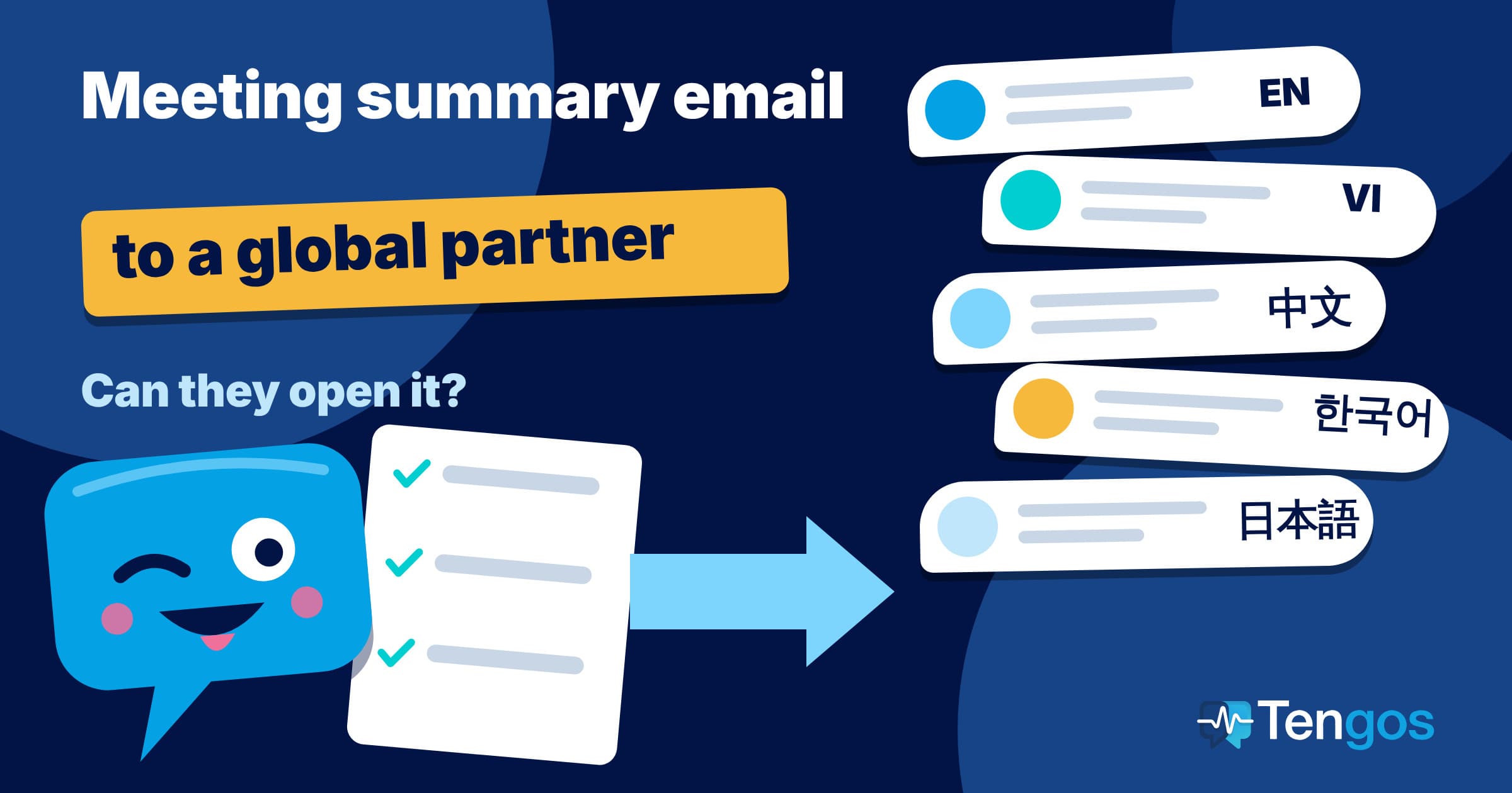 Ten winks while holding a meeting summary with three check lines, five language bubbles EN, VI, 中文, 한국어, 日本語 on the right: a meeting summary email for a global partner
