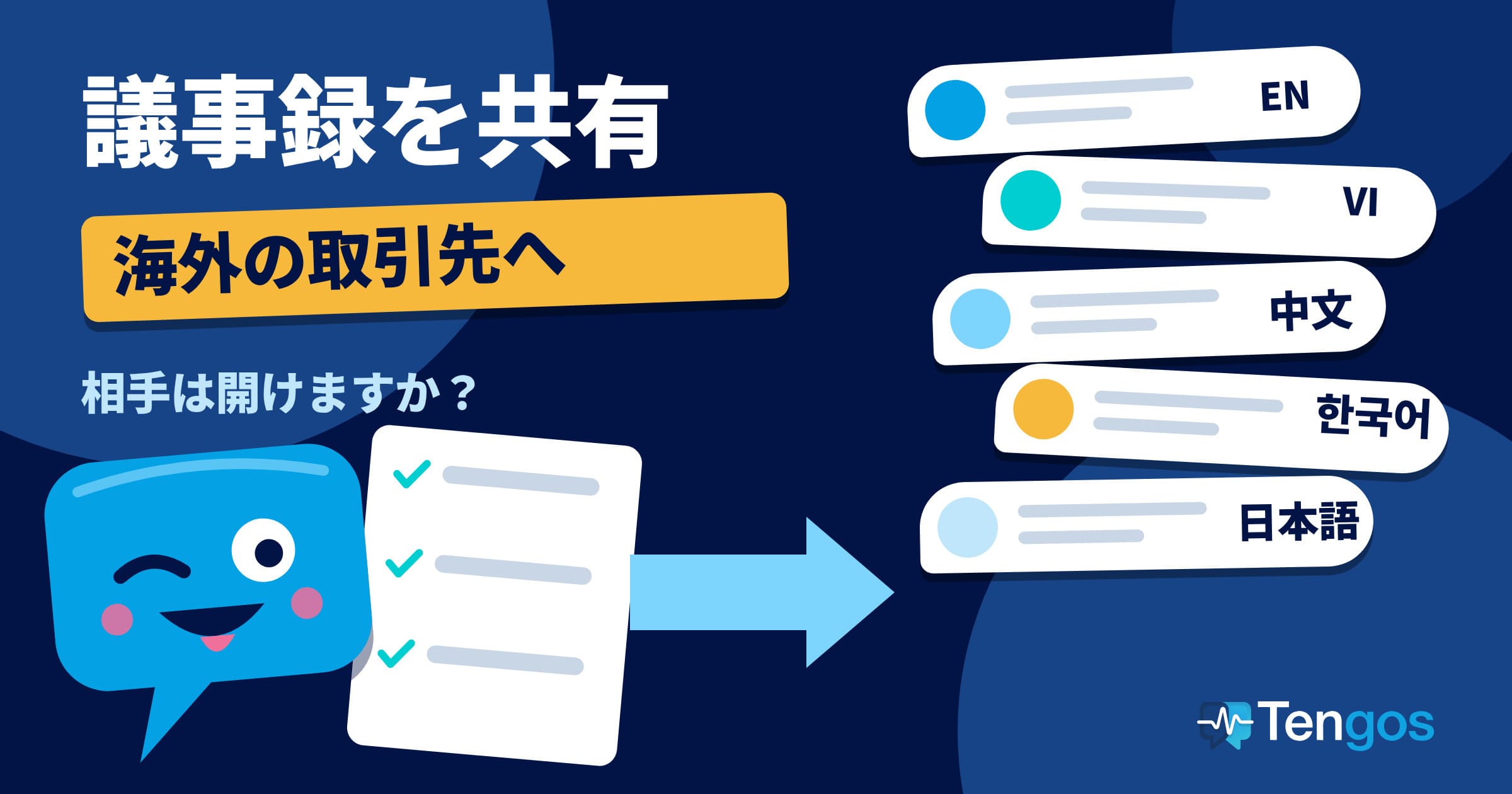 ウィンクするTenがチェック三行の要約を持ち、右に EN、VI、中文、한국어、日本語 の吹き出し五つ：議事録を共有する海外の取引先向けの要約