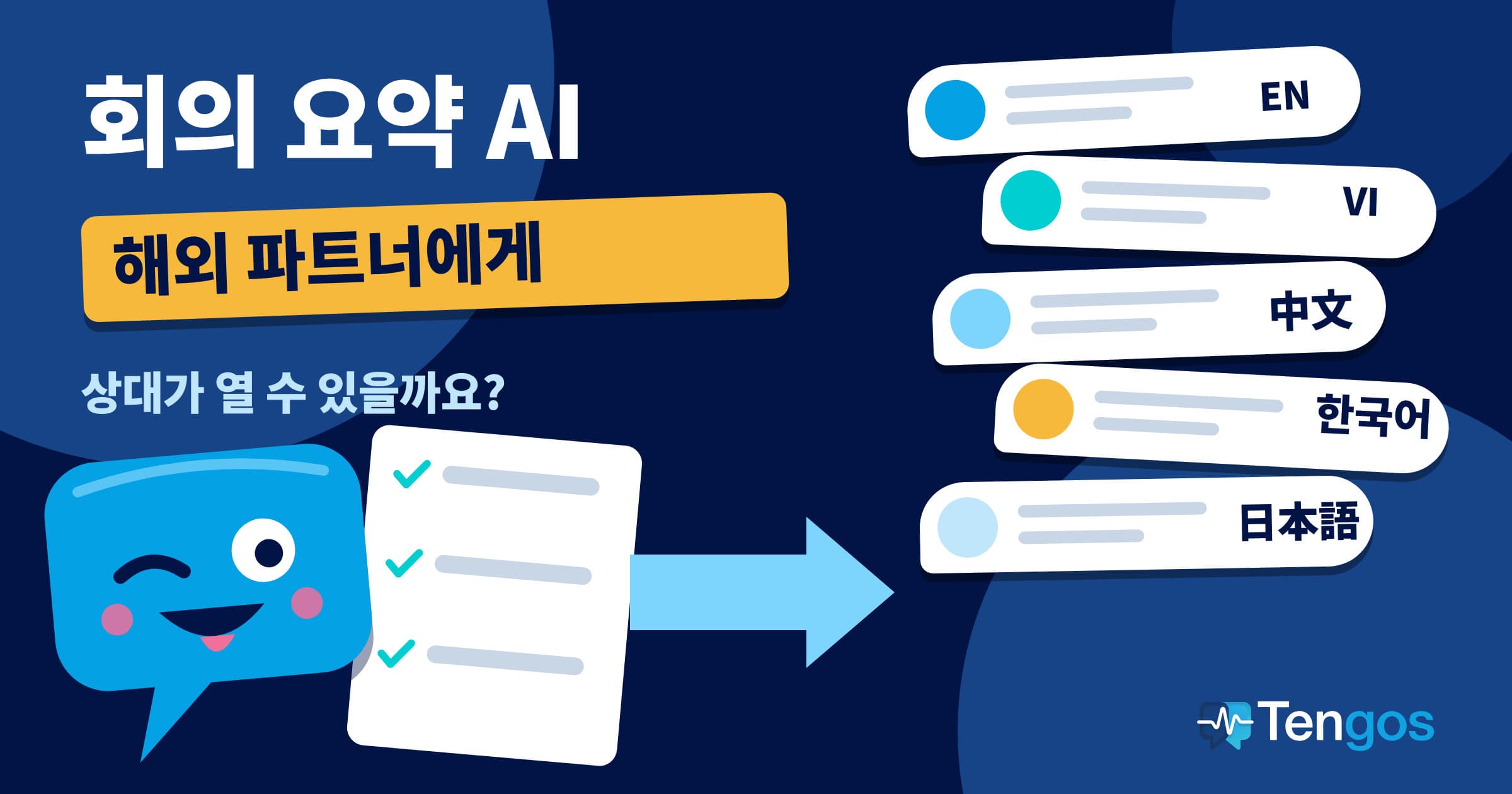 윙크하는 Ten이 체크 세 줄이 있는 회의 요약을 들고 있고, 오른쪽에 EN, VI, 中文, 한국어, 日本語 말풍선 다섯 개: 회의 요약 AI를 해외 파트너에게 보내는 방법