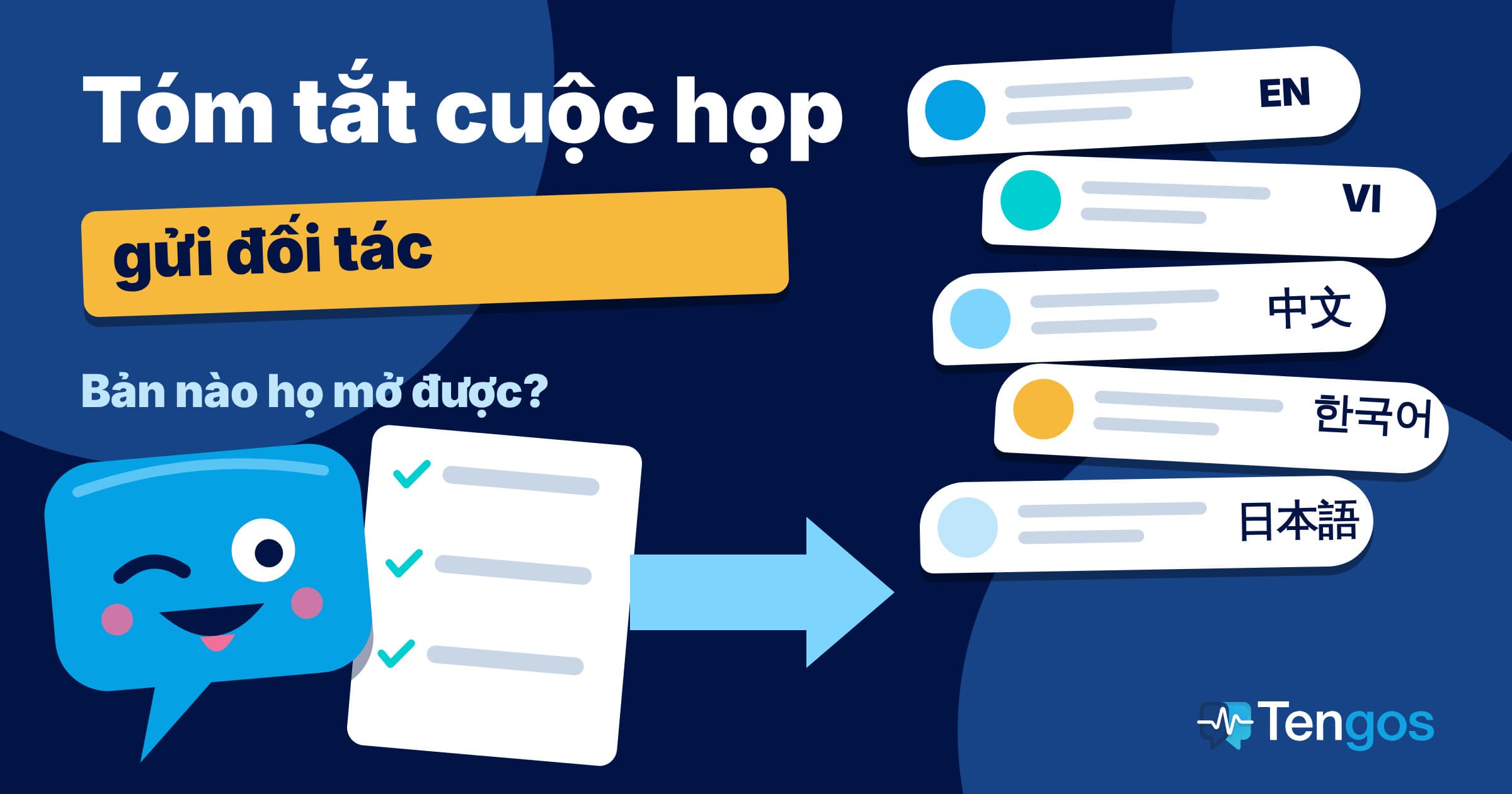Ten nháy mắt cầm một bản tóm tắt cuộc họp có ba dòng tích, bên phải là năm bong bóng EN, VI, 中文, 한국어, 日本語: ví dụ tóm tắt cuộc họp bằng AI gửi đối tác nước ngoài