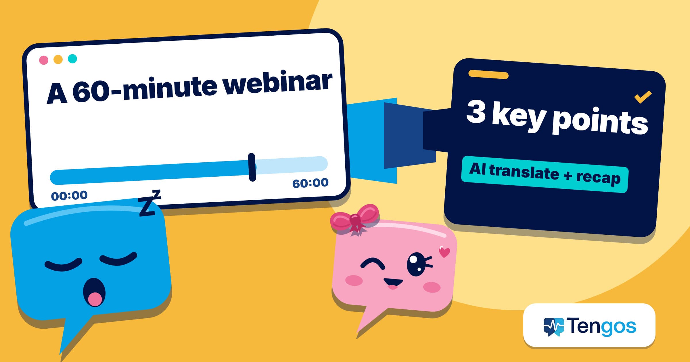 Ten dozes off in a webinar hall while calm Gos turns a 60-minute session into 3 key points, illustrating how to summarize a webinar