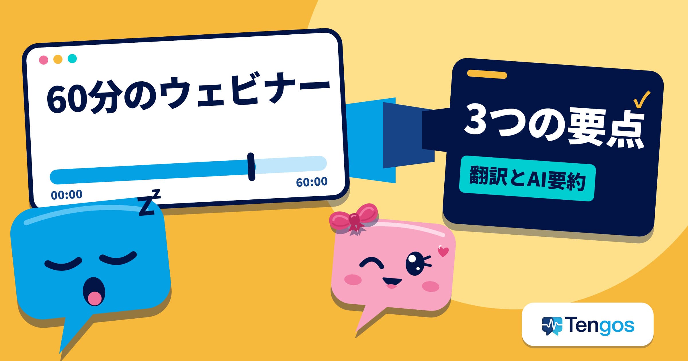 ウェビナーの会場で居眠りするTenと、60分の内容を落ち着いて3つの要点にまとめるGos。ウェビナー 文字起こしと翻訳、AI要約のイメージ