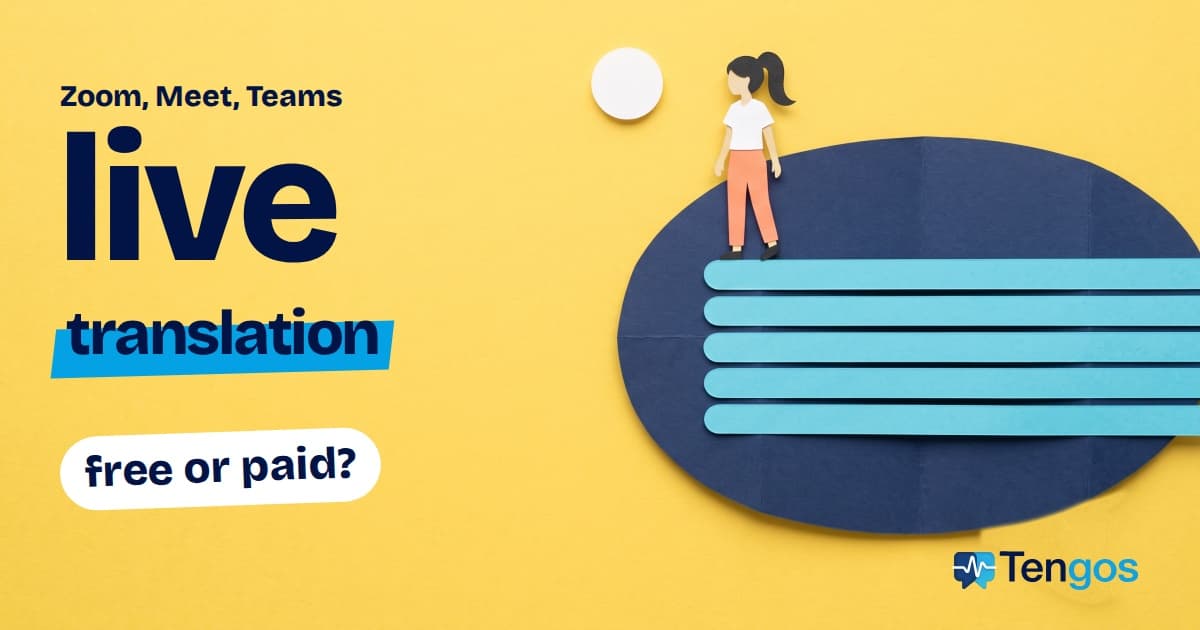 Live meeting translation on Zoom, Meet and Teams, free or paid: a tiny person standing on a giant paper speech bubble made of caption lines