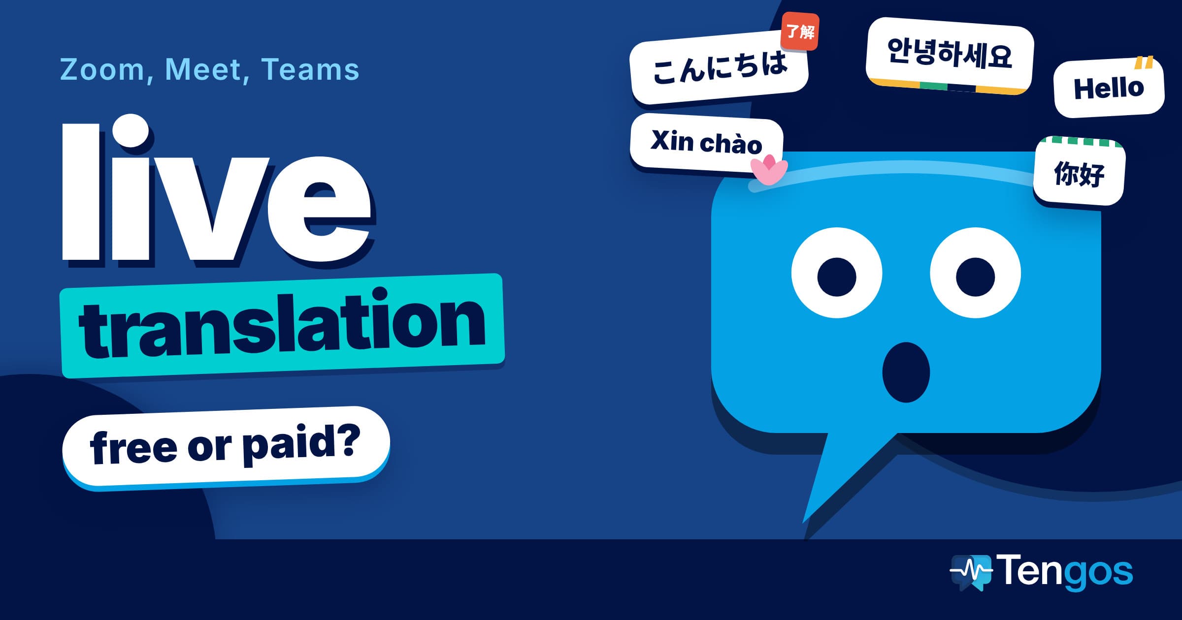 Live meeting translation on Zoom, Meet and Teams, free or paid: Ten the speech-bubble character looking surprised among greetings in several languages