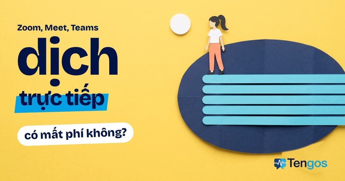 Dịch cuộc họp trực tiếp: bong bóng thoại giấy khổng lồ với dải phụ đề, người nhỏ đứng trên đỉnh
